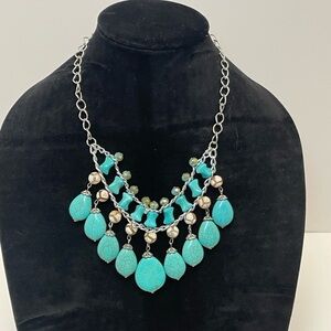 Multi-layer Faux Turquoise Bead Silver Tone Necklace